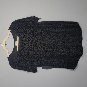 Kori America Linen Blend Black Animal Print Loose Fit Short Sleeve Blouse Top